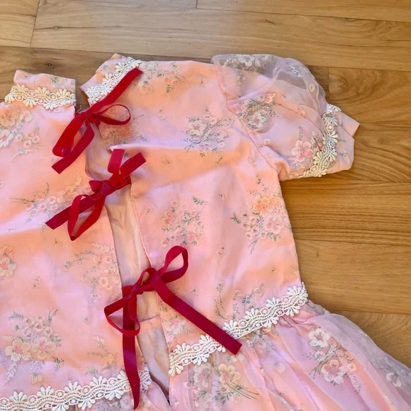 Vintage Size XS/2 Princess Style Pink Floral Maxi Dress with Bow Back - Picture 7 of 9